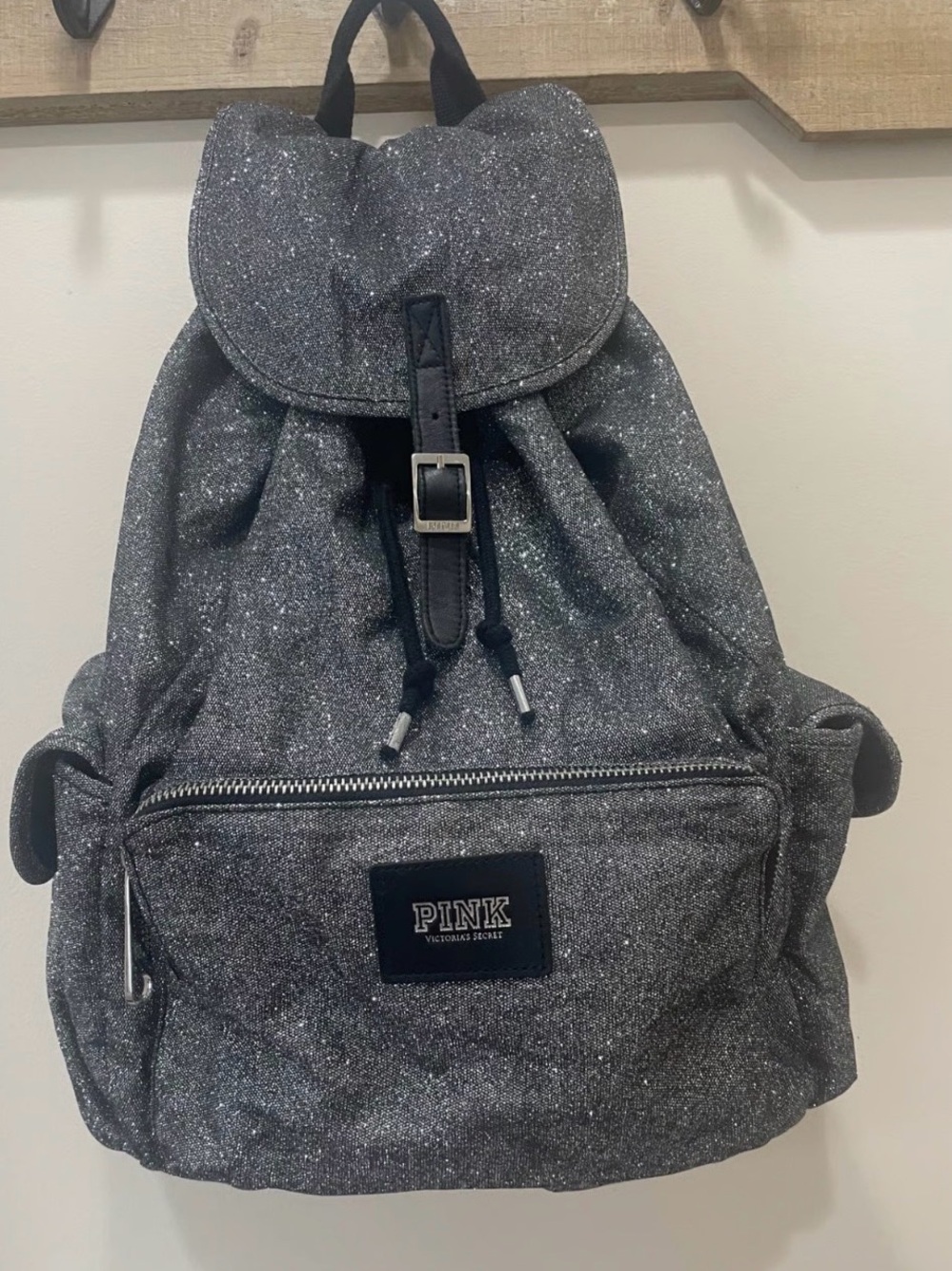 PINK Victoria's Secret Silver Glitter Drawstring Backpack